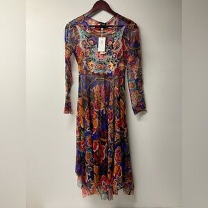 Johnny Was Biya Mazzy Embroidered Mesh Maxi Handkerchief Slip Dress Jay NWT $365